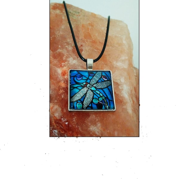 Stained Glass Jewellery, Dragonfly Necklace, Dragonfly Gift Glass Pendant, insect charm on faux leather cord with lobster claw