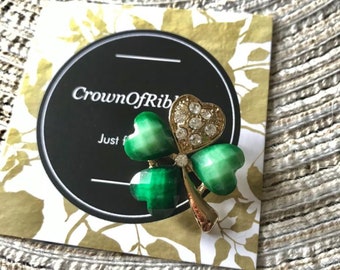 Green Shamrock Brooch: Crystal Heart, Irish St Patricks Day Gift