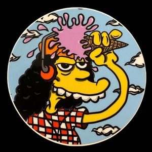 May include: A cartoon character with long black hair and a yellow face is wearing a red and white checkered shirt and headphones. The character is holding a melting ice cream cone over their head, and pink ice cream is dripping down their face.