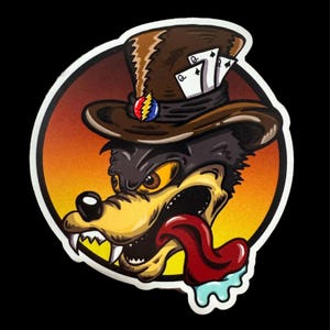May include: A cartoon wolf wearing a brown top hat with playing cards sticking out of the top. The wolf has a yellow and black face with a red tongue sticking out. The background is a gradient of orange and yellow.