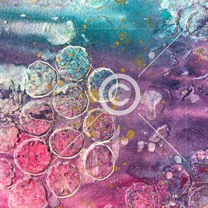 May include: Abstract art painting with a purple, pink, and blue background. The painting features a pattern of white circles with gold accents.