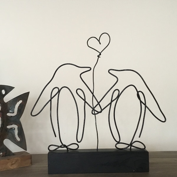 romantic gift penguin couple gift anniversary shelf decor free standing wire word penguin ornament wedding gift silver anniversary