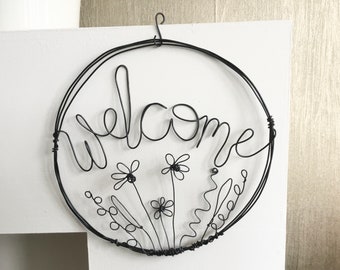 Cartel de bienvenida señal de alambre de bienvenida arte de alambre de bienvenida estante decoración de la entrada señal de regalo nuevo hogar porche letrero pared colgante pasillo letrero Corona de bienvenida