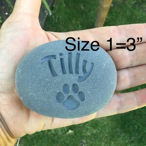 May include: A gray, smooth, oval-shaped stone with the name "Tilly" and a paw print engraved on it. The stone is being held in a hand, and the text "Size 1 = 3" is visible above the stone.