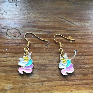 Earrings, gold earrings, gold earrings dangle, unicorn, unicorn earrings, unicorn jewellery, unicorn jewelry, rainbow earrings