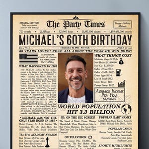 60th Newspaper, 60th Birthday Gift for Him or Her, Printable 60th Birthday Newspaper Poster, 1965 Newspaper, 60th Birthday Party Decor