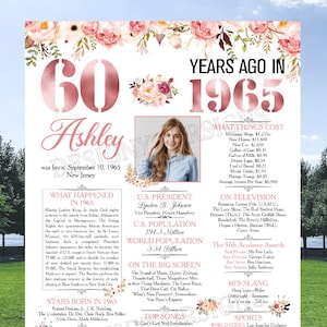 Póster de flores para 60 cumpleaños, regalo de 60 cumpleaños para mujeres, póster de 1965, decoraciones para 60 cumpleaños, letrero para 60 cumpleaños, flor de oro rosa para 60 cumpleaños
