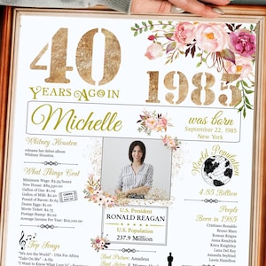 Póster floral para 40 cumpleaños, personalizado, regalo para mujer, floral para 40 cumpleaños, regalo para mujer