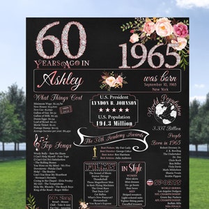 1965 El año en que naciste, póster de 60 cumpleaños, póster de cumpleaños de 1965, póster personalizado de 60 cumpleaños, eventos de 1965, póster de 60 cumpleaños