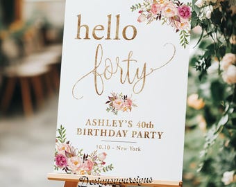 Letrero floral de bienvenida para el 40 cumpleaños, decoraciones personalizadas para la fiesta del 40 cumpleaños, letreros de felicitación para el 40 cumpleaños.