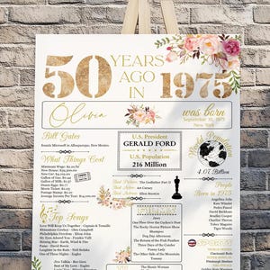 Pôster de 50º aniversário, pôster de 50º aniversário com flores, pôster de aniversário com flores, presentes de 50º aniversário, pôster de 1975, presente de 50º aniversário para mulheres