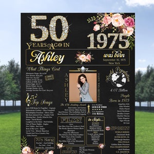 Fiesta sorpresa de 50 cumpleaños, nacido en 1975, póster de 50 cumpleaños, regalo de 50 cumpleaños para mujer, decoraciones de 50 cumpleaños, póster de 1975