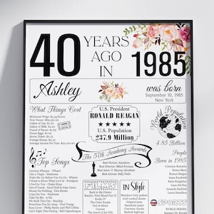 Póster de 40 cumpleaños, póster de cumpleaños de 1985, regalo de 40 cumpleaños para mujer, póster de 40 cumpleaños de 1985, 40 cumpleaños personalizado, regalo de 40 cumpleaños para mamá