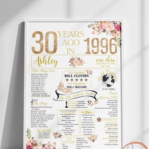 1996 The Year You Were Born, 30th Birthday Poster Floral, 30 Years Old Sign Decorations image 6
