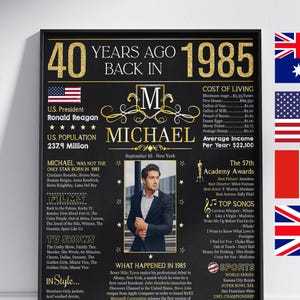 40º aniversário preto e dourado, pôster de 40º aniversário, pôster de 40º aniversário, presente de 40º aniversário para homens, impressão de 40º aniversário masculino, em 1985
