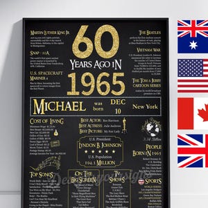 Póster del 60.º cumpleaños, decoración para fiesta del 60.º cumpleaños, póster de cumpleaños de 1965, decoraciones para el 60.º cumpleaños, en 1965, letrero del 60.º cumpleaños