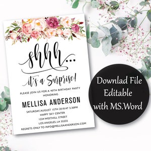Surprise Birthday Invitation: Floral 40th Party (Printable)