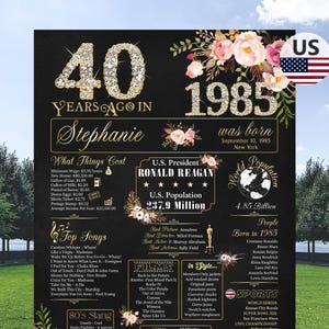 Regalos de 40 cumpleaños para mujeres y hombres, póster de 40 cumpleaños personalizado, regalo de 40 cumpleaños para mujeres, en 1985, póster de flores para 40 cumpleaños