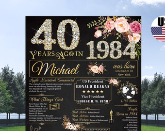 40th birthday, What happened in 1984, Personalized 40th Birthday Poster, 1984 Year in Review, 40th Birthday Gold, 40th birthday digital file