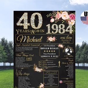 40th birthday, What happened in 1984, Personalized 40th Birthday Poster, 1984 Year in Review, 40th Birthday Gold, 40th birthday digital file