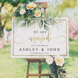 Greenery Leaves Engagement Party Sign, Printable Wedding Welcome Sign Decorations, Bridal Shower Gold Poster