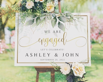 Greenery Leaves Engagement Party Sign, Printable Wedding Welcome Sign Decorations, Bridal Shower Gold Poster