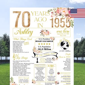 Póster de 70 cumpleaños, póster personalizado de 70 cumpleaños, regalo de 70 cumpleaños para mujer, regalo de 70 cumpleaños para mamá, póster de 1955, regalos para 70 cumpleaños