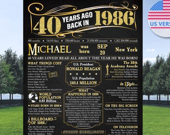 Personalized 40th Birthday Black Gold Poster, What Happened in 1986, 40 Years Old Party