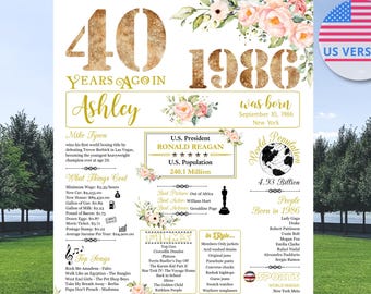 Floral 40th Birthday Poster Women, 1986 in Facts, 40 Years Ago Poster, Forty Sign