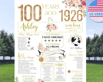 100th Anniversary Poster, Personalized 100th Birthday Women, 1926 The Year You Were Born, 100 Years