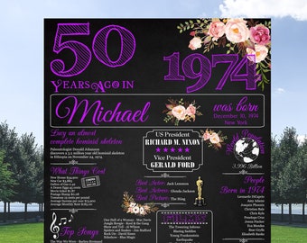 50th poster birthday purple, 50th Birthday Poster, 1974 Year in Review, Printable Personalized 50th Birthday Poster, 50th poster birthday