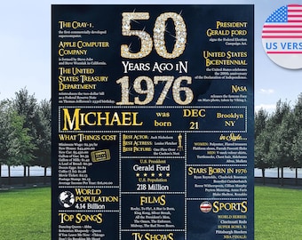 Póster de pizarra para el 50.º cumpleaños, en 1976, regalo para el 60.º cumpleaños de un hombre, decoraciones para el 80.º y 90.º cumpleaños.