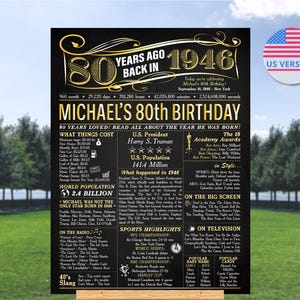 May include: A black and gold 80th birthday poster titled 80 Years Ago Back In 1946, featuring Michael's 80th Birthday. The sign includes historical facts from 1946, such as U.S. President Harry S. Truman, costs of goods, and popular culture references.