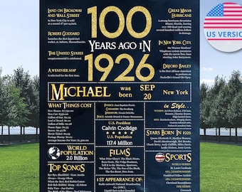 1926 The Year You Were Born, 100th Decorations, Personalized 100th Birthday Poster for Men