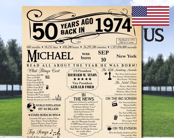 50th Newspaper Birthday Poster Decorations, 50th poster, 50th Birtthday Gifts for Him, 50th birtday gifts for women, Back in 1974 Newspaper
