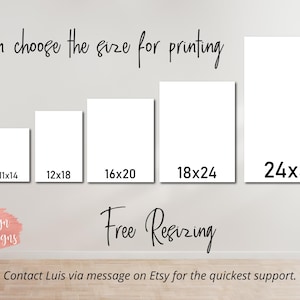 May include: Image showing six white rectangular canvases in varying sizes, labeled with dimensions such as 8x10 and 24x36 inches. Text above reads "You can choose the size for printing." Below, "Free Resizing" is written.