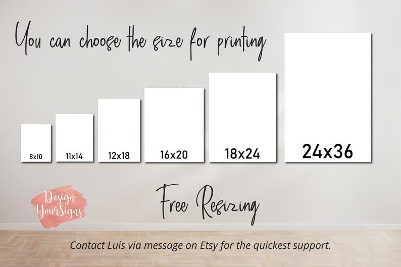 May include: Image showing six white rectangular canvases in varying sizes, labeled with dimensions such as 8x10 and 24x36 inches. Text above reads "You can choose the size for printing." Below, "Free Resizing" is written.