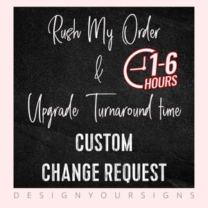 May include: Black chalkboard-style graphic with white and red text. The text includes "Rush My Order & Upgrade Turnaround time" and "Custom Change Request". A clock graphic indicates a 1-6 hour turnaround. The bottom of the image has the text "DESIGNYOURSIGNS".
