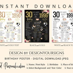 1996 The Year You Were Born, 30th Birthday Poster Floral, 30 Years Old Sign Decorations image 2