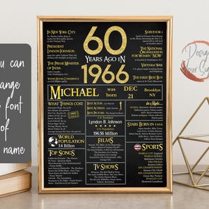 Personalized 60th Birthday Poster Black and Gold, What happened in 1966, 60 Years Ago image 9