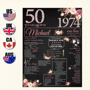 50th birthday poster rose gold, What happened in 1974, Back in 1974 birthday poster, 1974 Year in Review, 50th birthday years ago in 1974 image 3