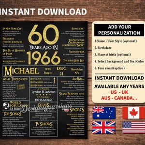 Personalized 60th Birthday Poster Black and Gold, What happened in 1966, 60 Years Ago image 3