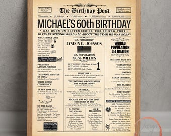 Verjaardagsposter uit de krant 1966, gepersonaliseerde 60e verjaardag voor mannen of vrouwen, 60 jaar oud