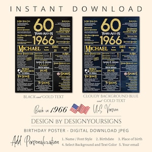 Personalized 60th Birthday Poster Black and Gold, What happened in 1966, 60 Years Ago image 2