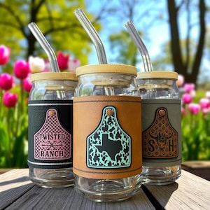 Custom Cattle Tag Beer Can Glass with Lid & Straw – Personalized 16oz Glass – Your Monogram, Brand or Logo Engraved – Western Ranch Gift