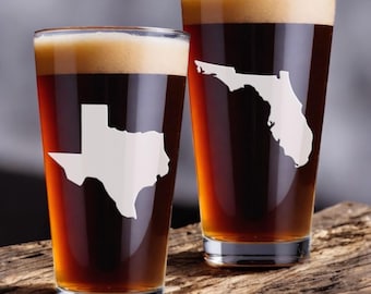 Engraved State Pint Glasses - 50 States / Choose State Shape / Mix and Match / Pint Glass / Beer Glass / Set of 2  / Father's Day Gift