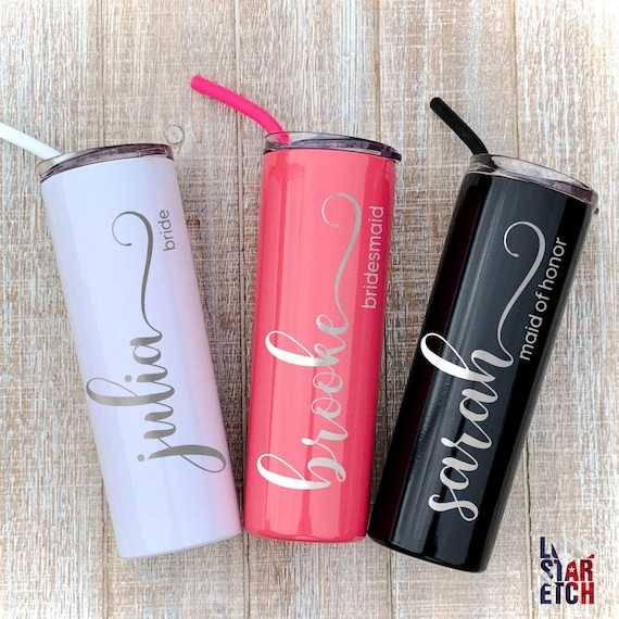 Wedding Name Tumbler / Laser Etched Insulated Skinny Powder Coated