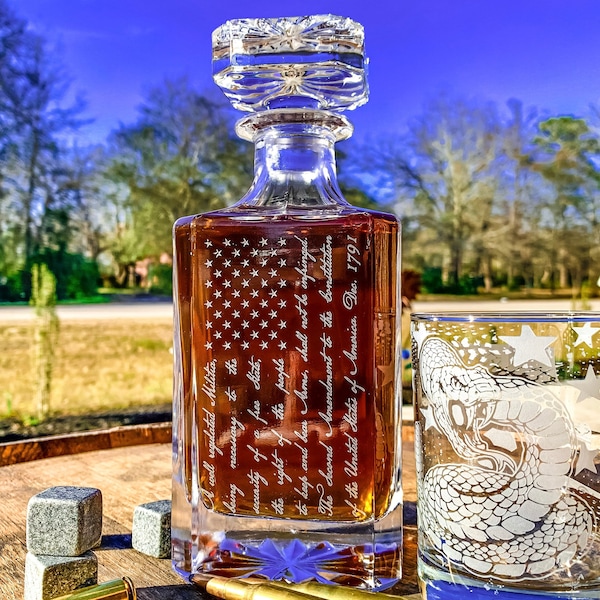 Second Amendment American Flag / 360 Wrap Don't Tread On Me Glasses / Engraved Whiskey Decanter or Decanter Set of 3   / Christmas Gift