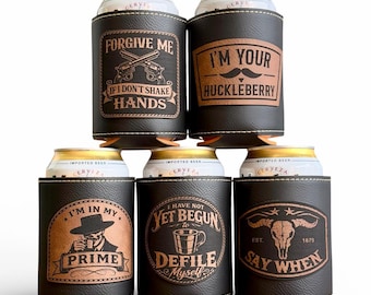 Doc Holliday Leatherette Can Cooler – Matte Black Drink Holder with Rustic Brown Patch – Iconic Western Quotes – Gift for Him