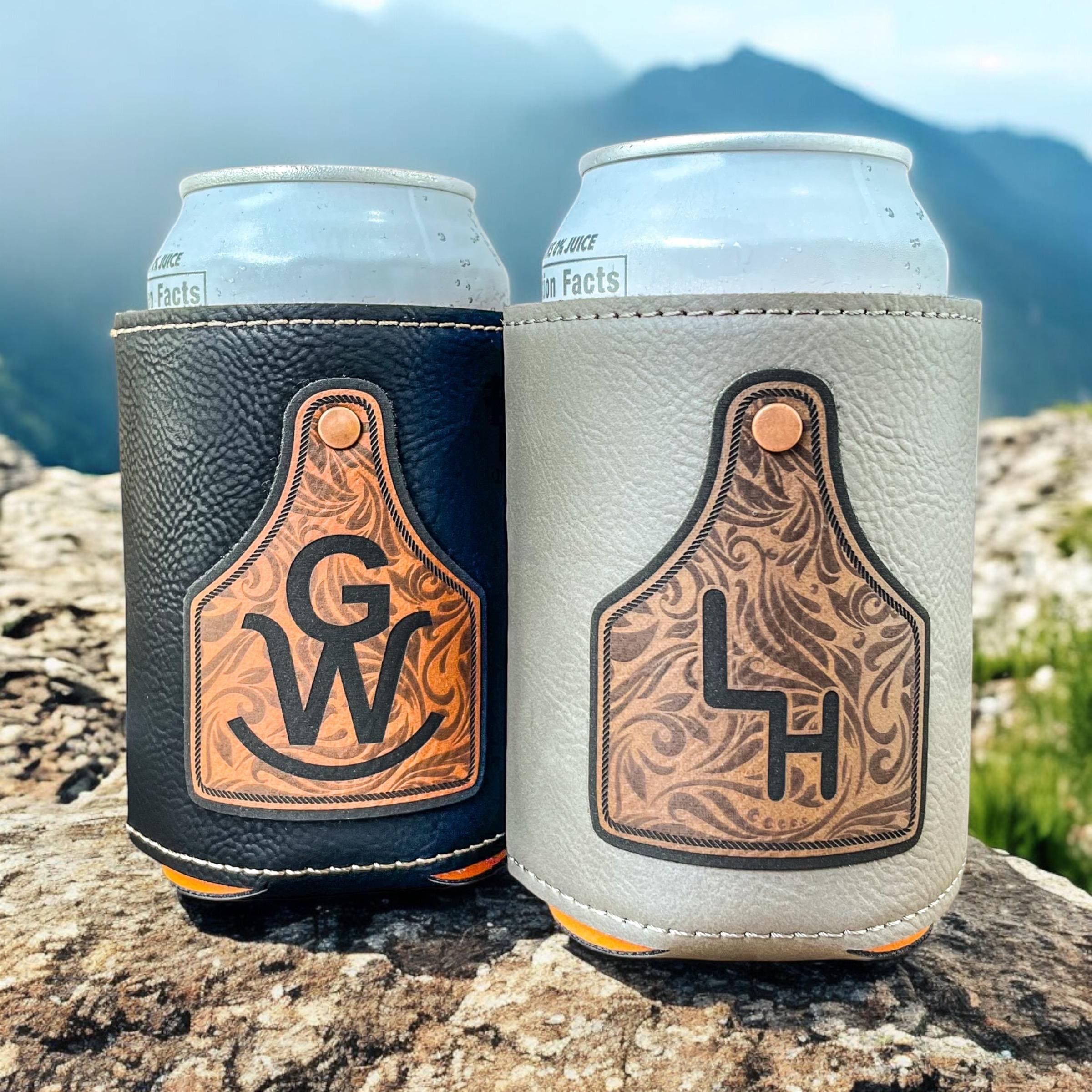 Cattle Tag Leatherette Can Cooler | Custom Branded Laser Engraved | Gift for Dad | Western Groomsmen Gift Idea | Father's Day Gift